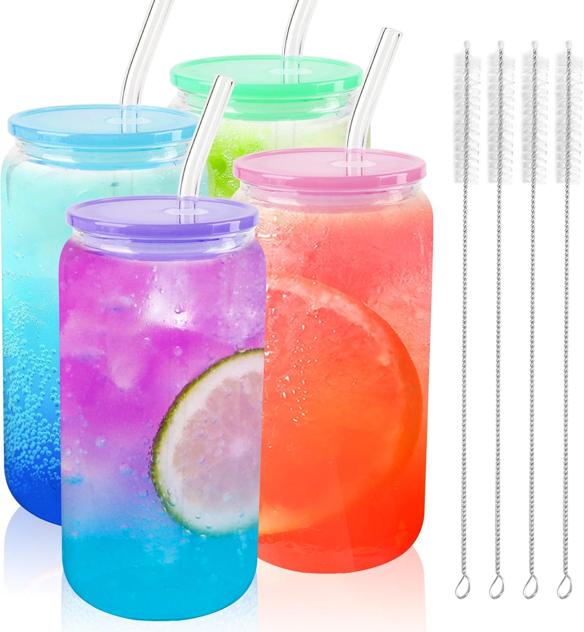 16 OZ Glass Cups with Acrylic Lids and Straws ( Multi Light Lids )