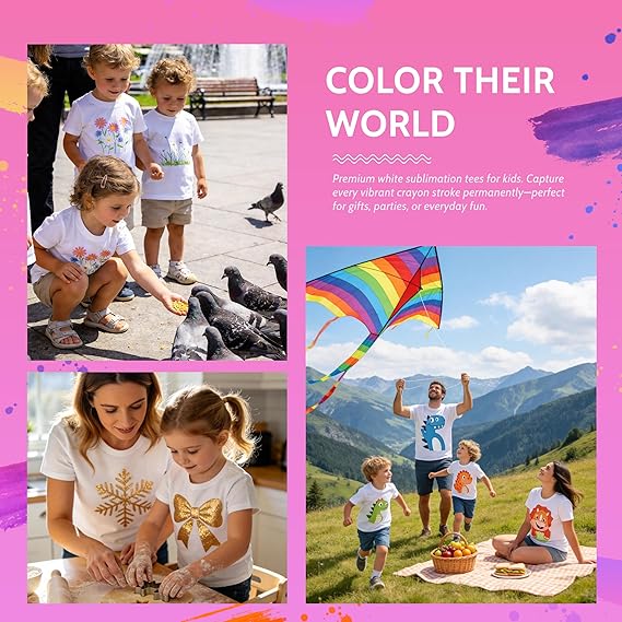 5 PCS White Toddler Sublimation Blank T-Shirts Polyester Crew Neck Short Sleeve for Heat Transfer DTF 2T–5T