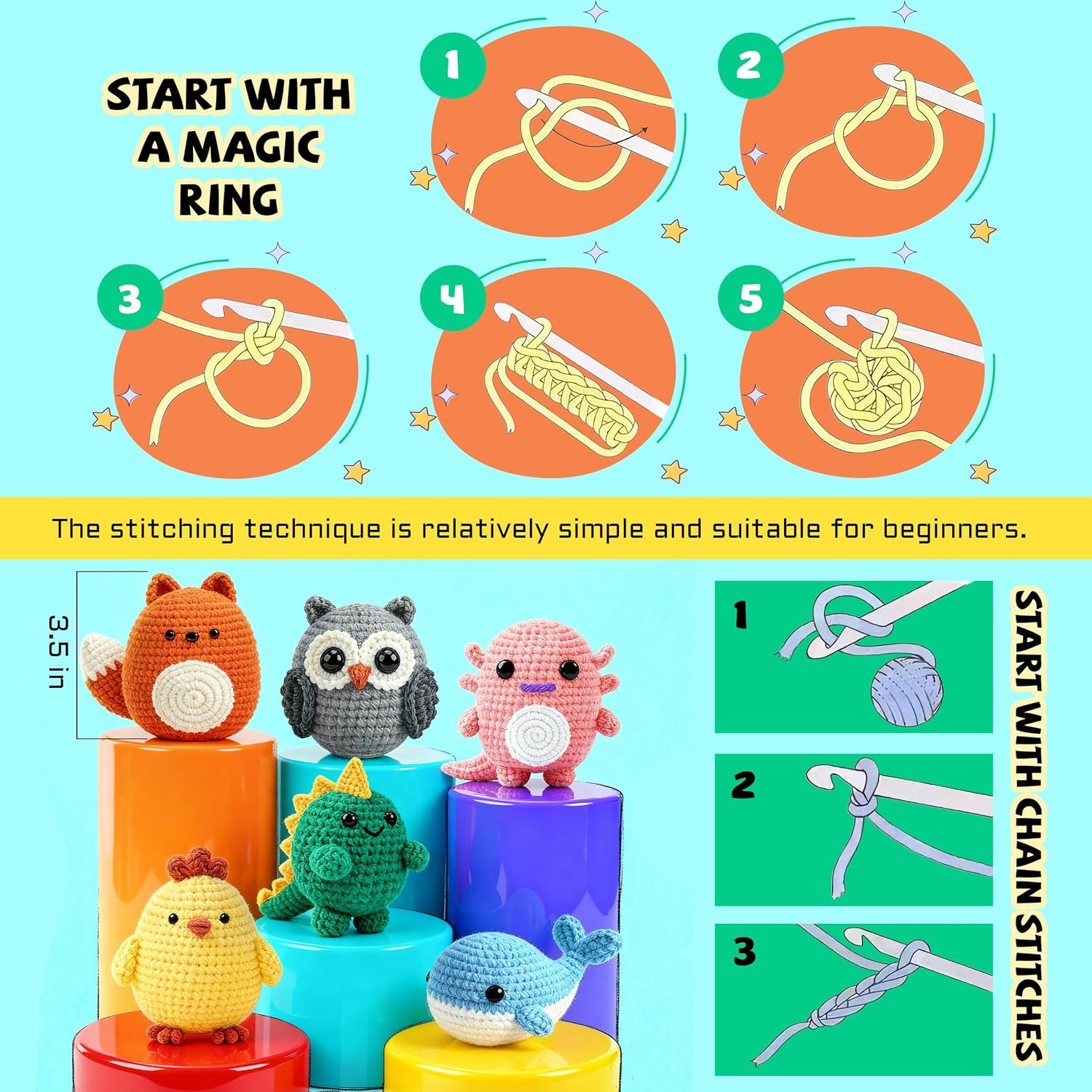 6-Piece Amigurumi Crochet Kit for Beginners – Cute Animal DIY Set with Video Guide
