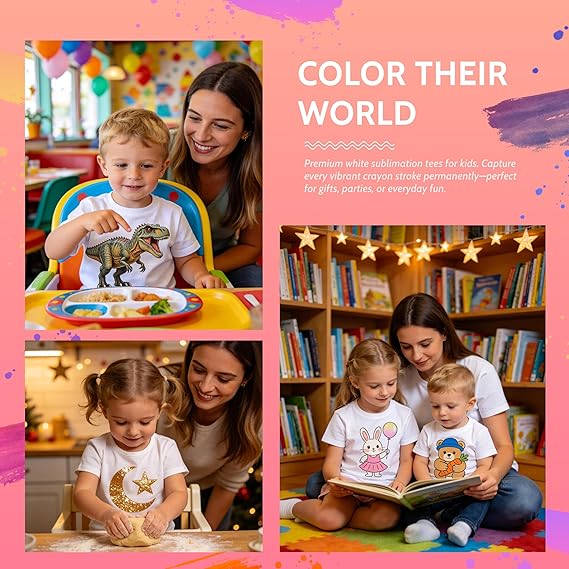 5 PCS White Toddler Sublimation Blank T-Shirts Polyester Crew Neck Short Sleeve for Heat Transfer DTF 2T–5T