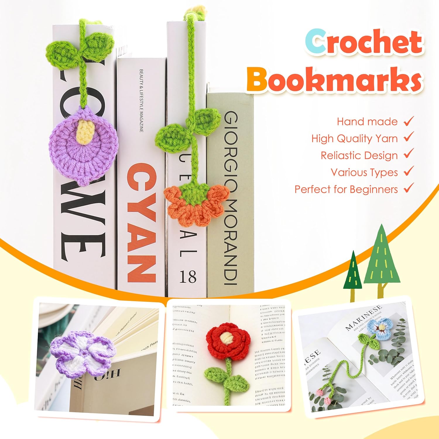 Crochet Kit for Beginners – 10 PCS Flower Bookmark Crochet Starter Kit with Step-by-Step Video Tutorials for Adults