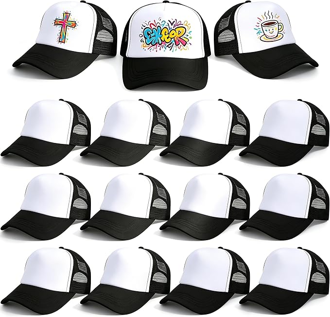 15 Pack Black Sublimation Trucker Hats Bulk, Adjustable Blank Mesh Snapback Caps
