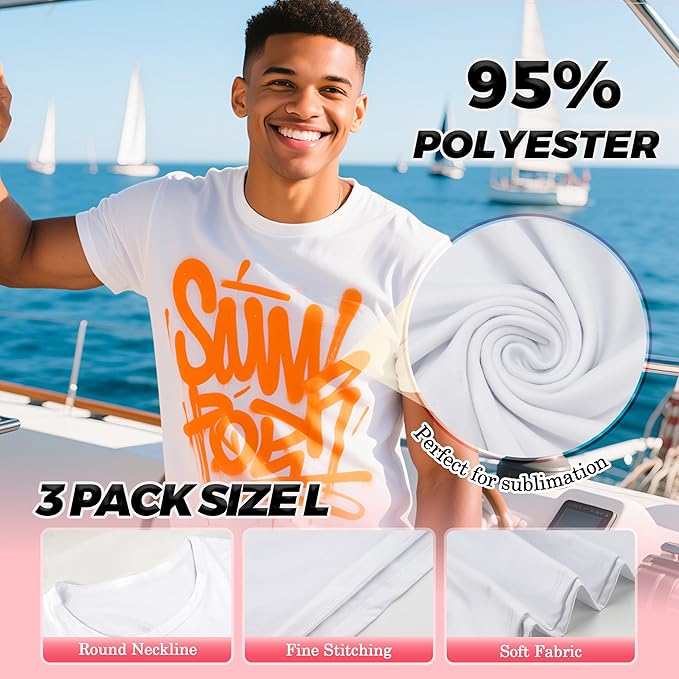 3 Pack Sublimation T-Shirts Bulk – Unisex White Polyester for Heat Transfer - L