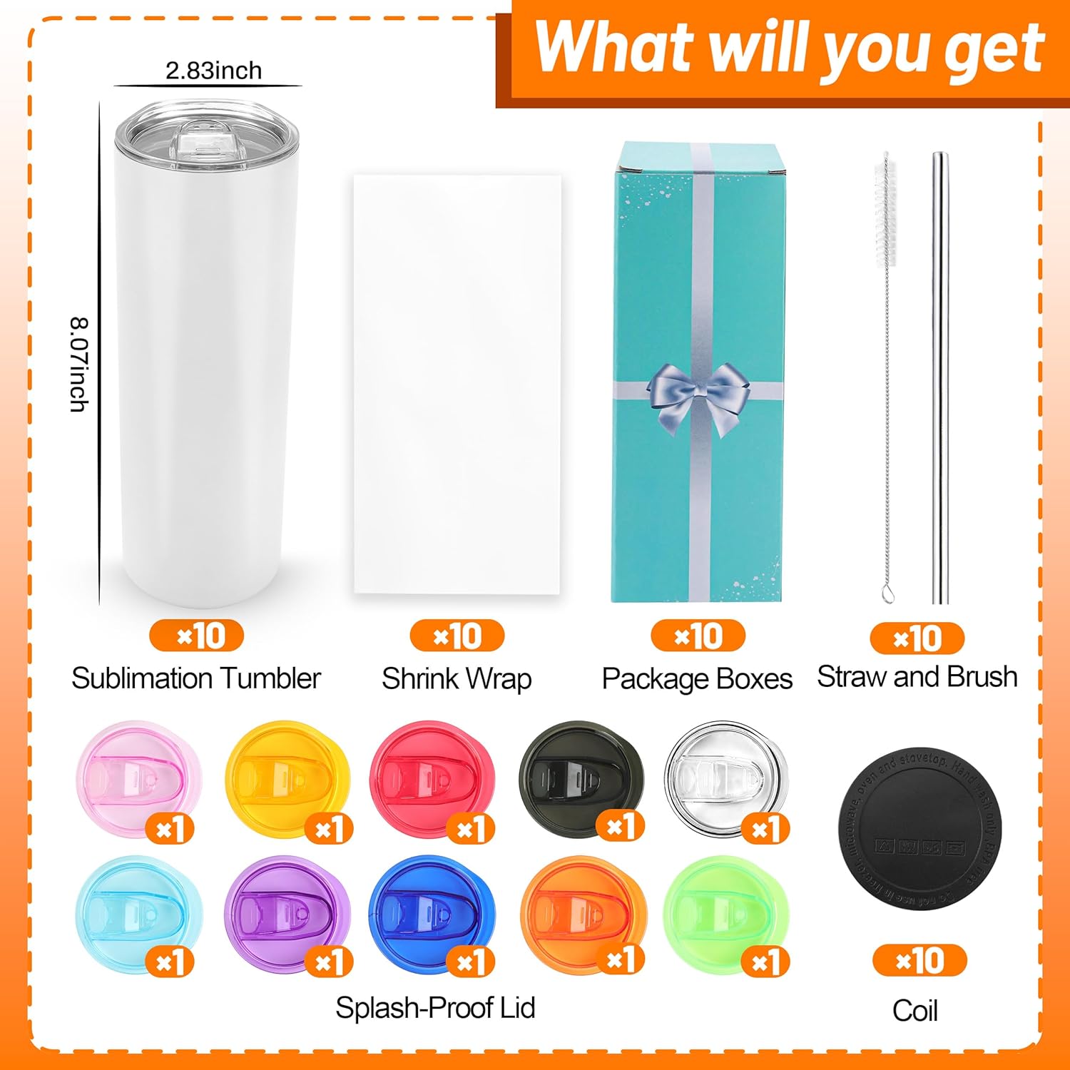 20 oz Sublimation Tumblers – Skinny Straight with colorfull lids & Straws (10 Pack)