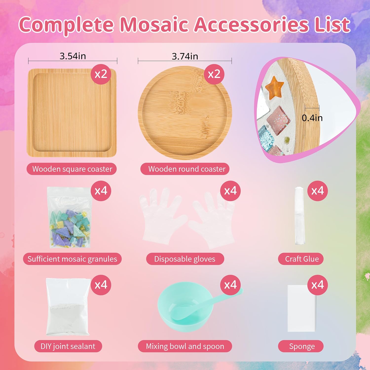 4 Sets DIY Glass Mosaic Tile Kit with Wooden Coasters