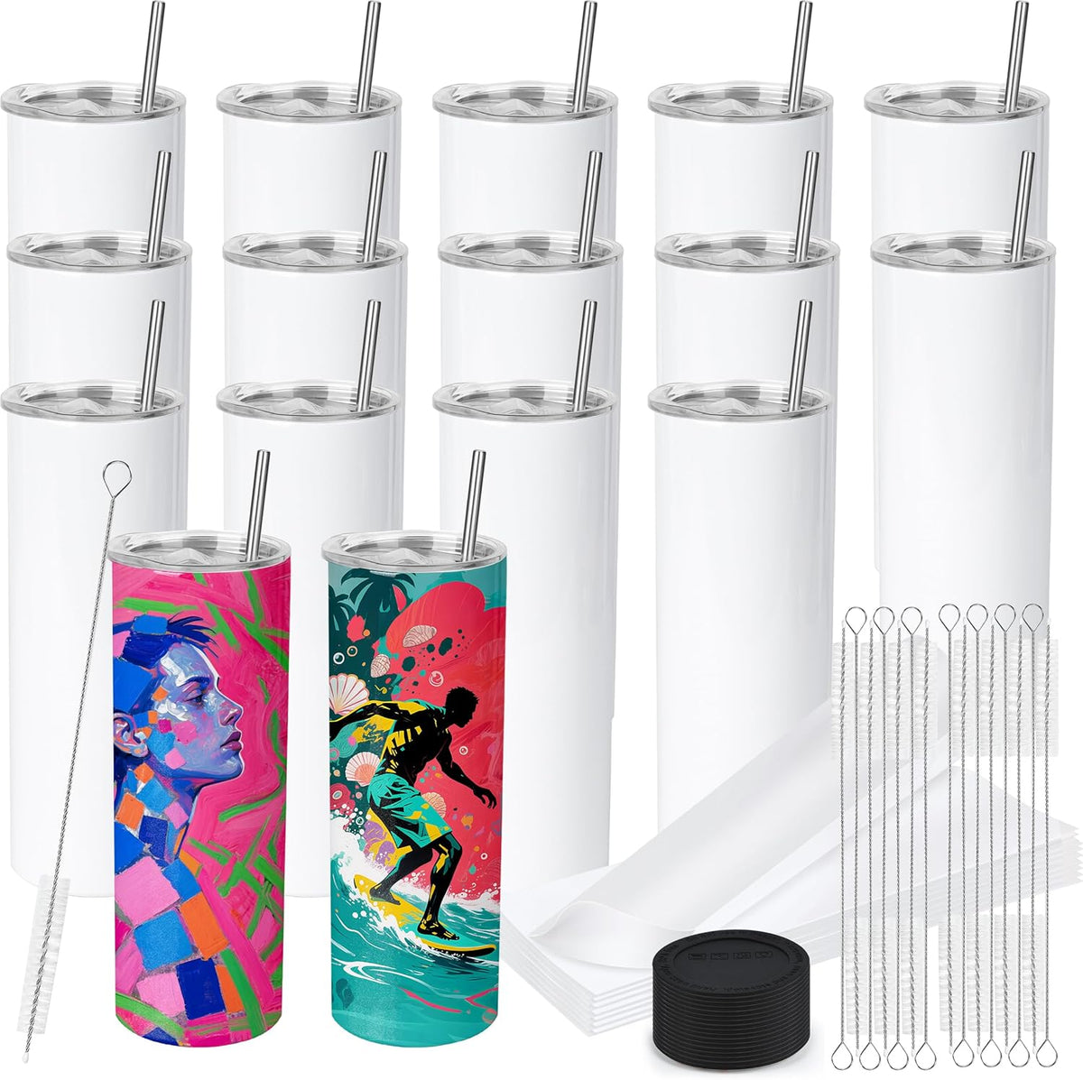 16-Pack 20 oz Skinny Straight Sublimation Tumblers Blanks – Flat Edge with Lids & Straws No Gift Boxes