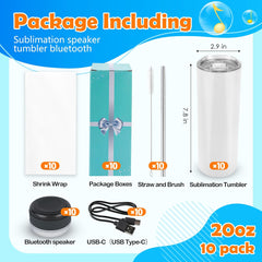 10 Pack 20oz Sublimation Speaker Tumblers Bluetooth Stainless Steel Cups for DIY Custom Gifts