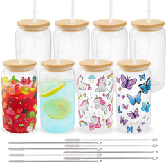 Glass cups with bamboo lids and straws 16 oz Sublimation Clear glass cups - 8 pack