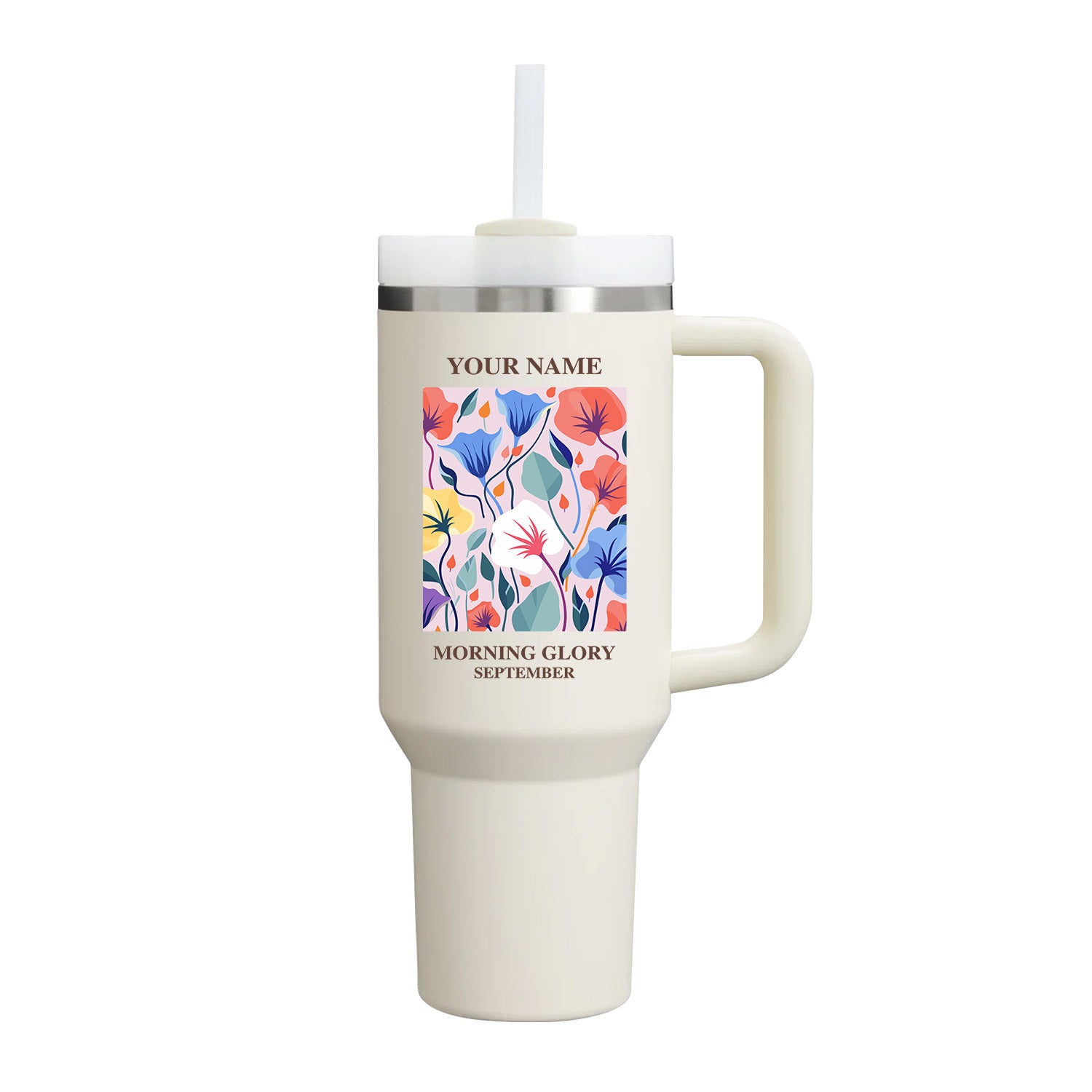 40oz Tumbler with Birth Flower and Custom Name(Cream)