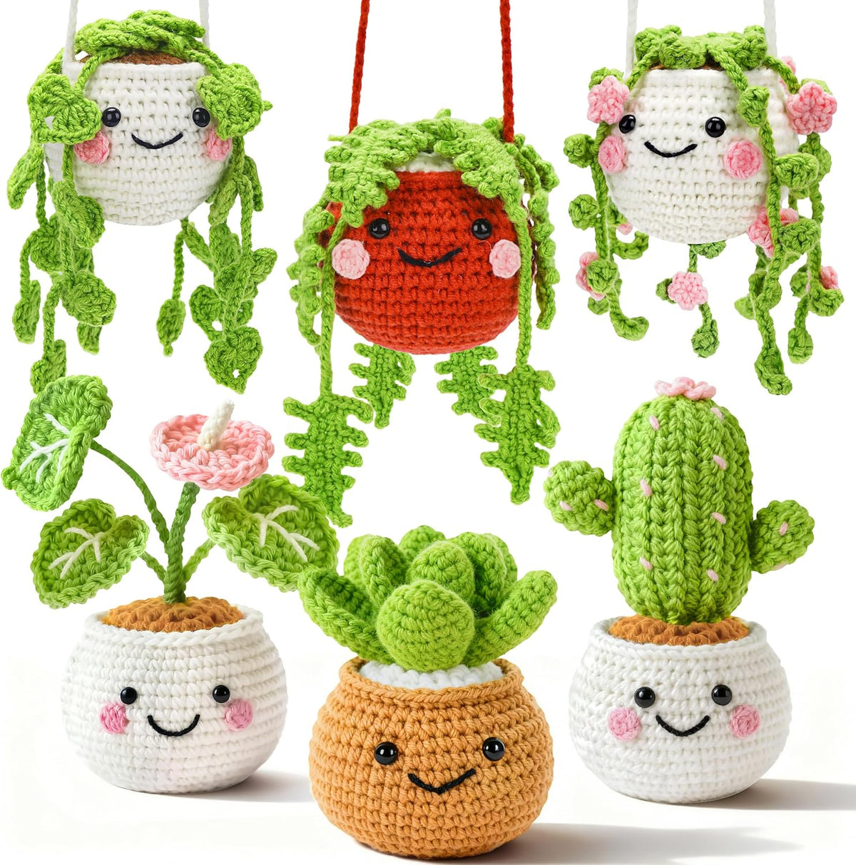 Crochet Kit for Beginners Crochet Starter Kit for Adults & Kids with Step-by-Step Video – 6 PCS Amigurumi Hanging Potted Plants