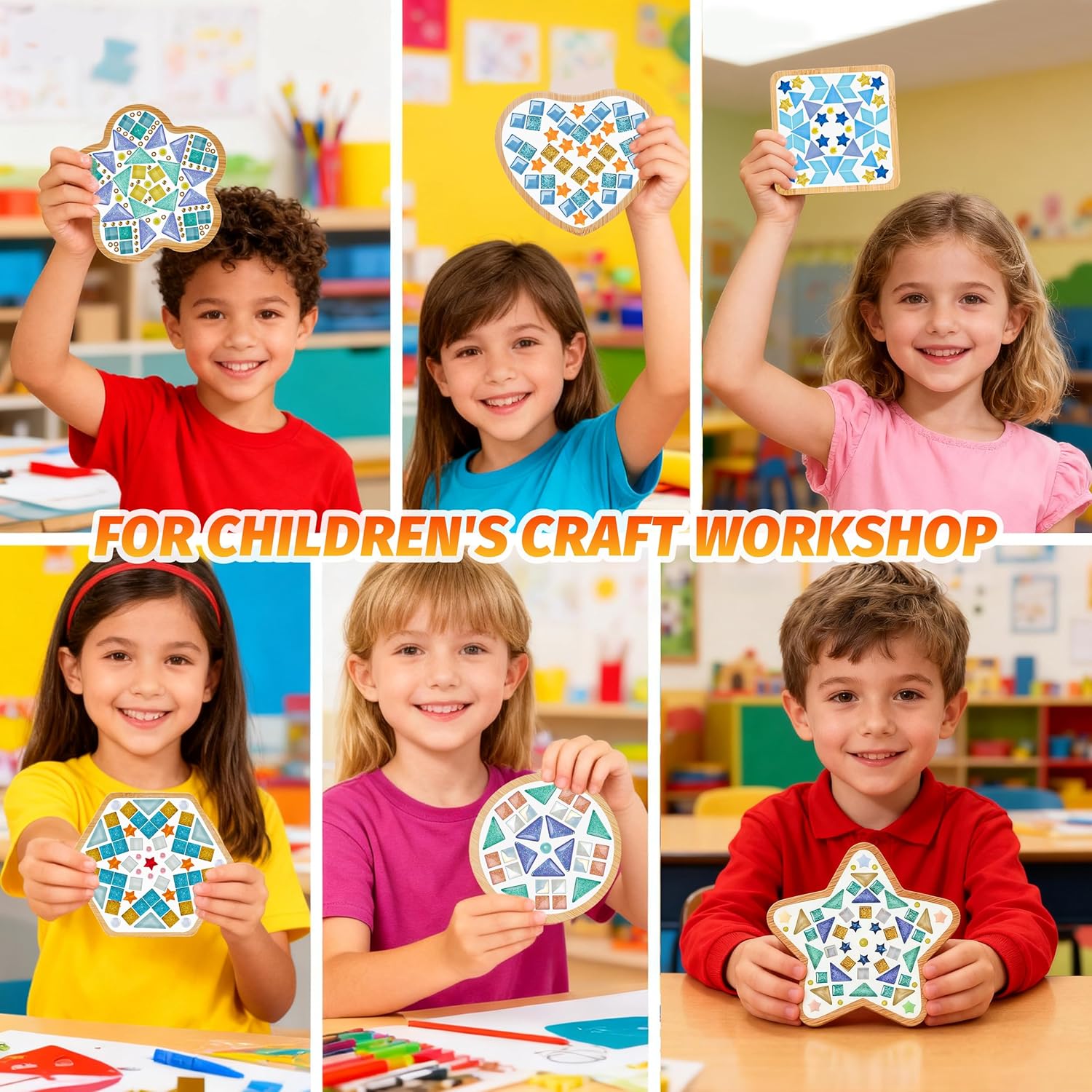 6 Sets DIY Glass Mosaic Tile Kit with Wooden Coasters