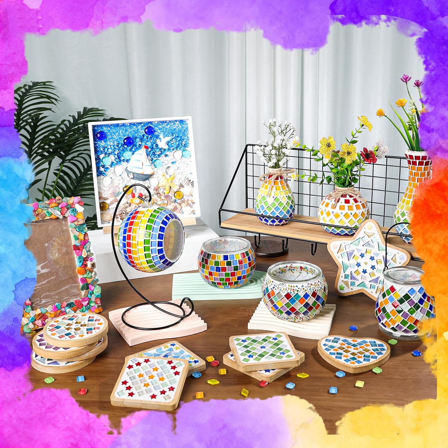 4 Sets DIY Glass Mosaic Tile Kits with Wooden Coasters