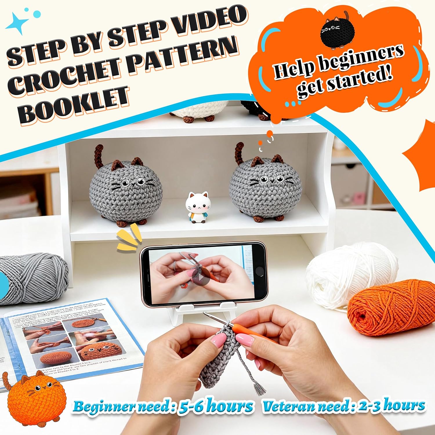 Beginner Crochet Cat Kit – 4 Kawaii Amigurumi Animals with Step-by-Step Videos