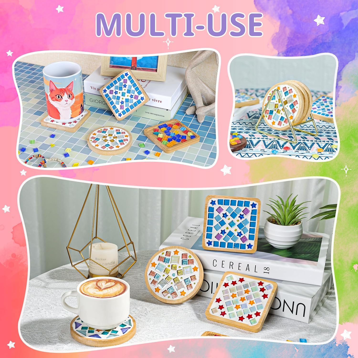 4 Sets DIY Glass Mosaic Tile Kit with Wooden Coasters