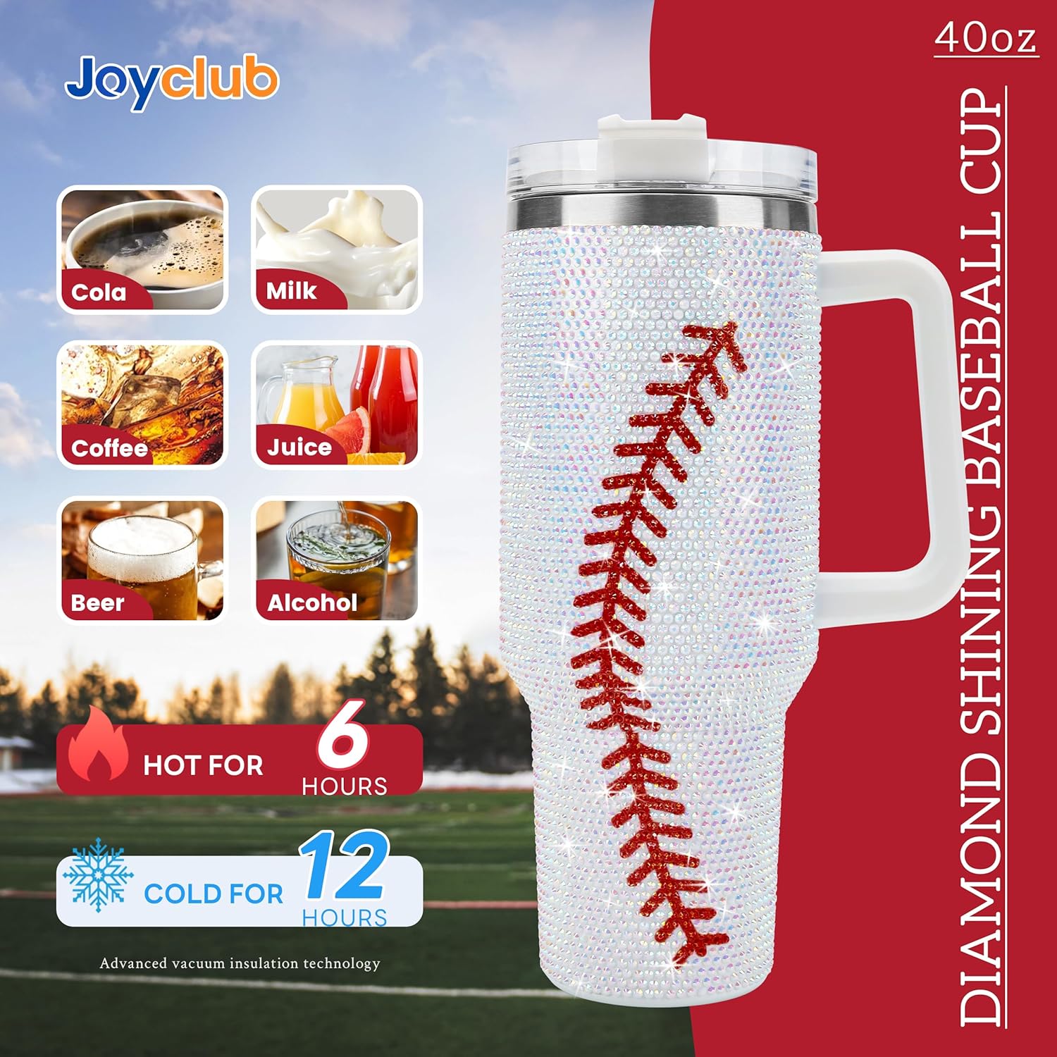 40 Oz Baseball Tumbler with Handle and Straw