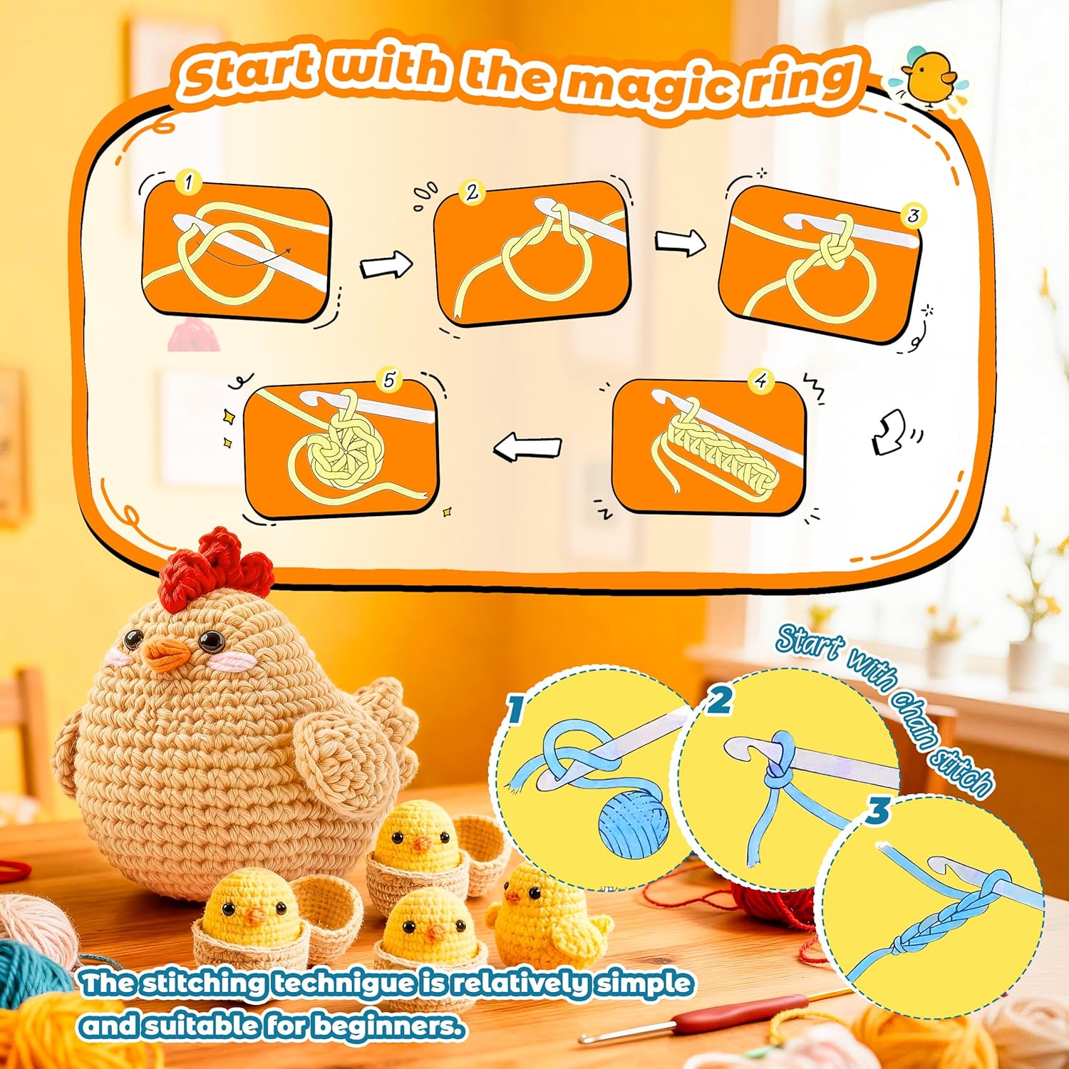 Beginner Amigurumi Animal Crochet Kit – 4-Piece Chicken, Chick & Egg Set with Video Tutorials