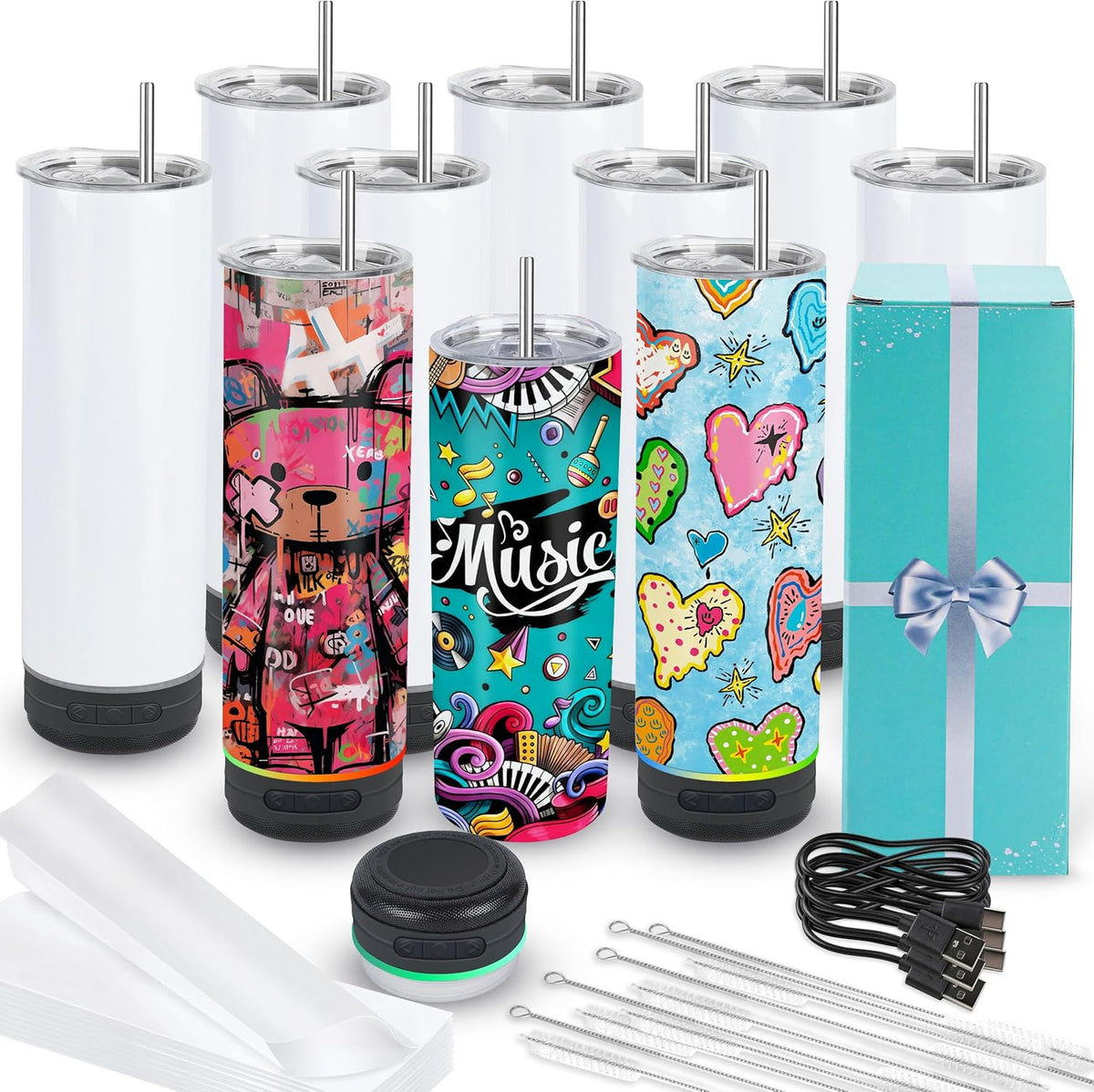 10 Pack 20oz Sublimation Speaker Tumblers Bluetooth Stainless Steel Cups for DIY Custom Gifts