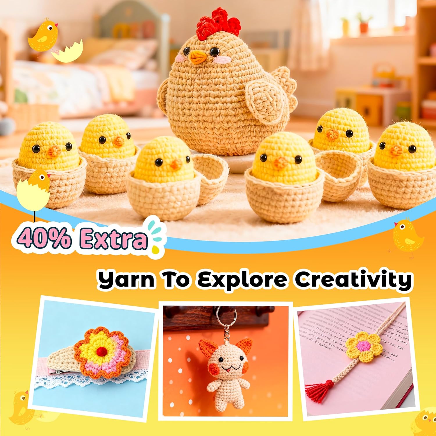 Beginner Amigurumi Animal Crochet Kit – 4-Piece Chicken, Chick & Egg Set with Video Tutorials
