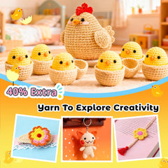 Beginner Amigurumi Animal Crochet Kit – 4-Piece Chicken, Chick & Egg Set with Video Tutorials
