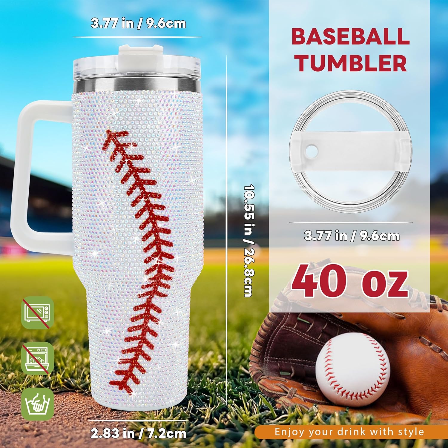 40 Oz Baseball Tumbler with Handle and Straw