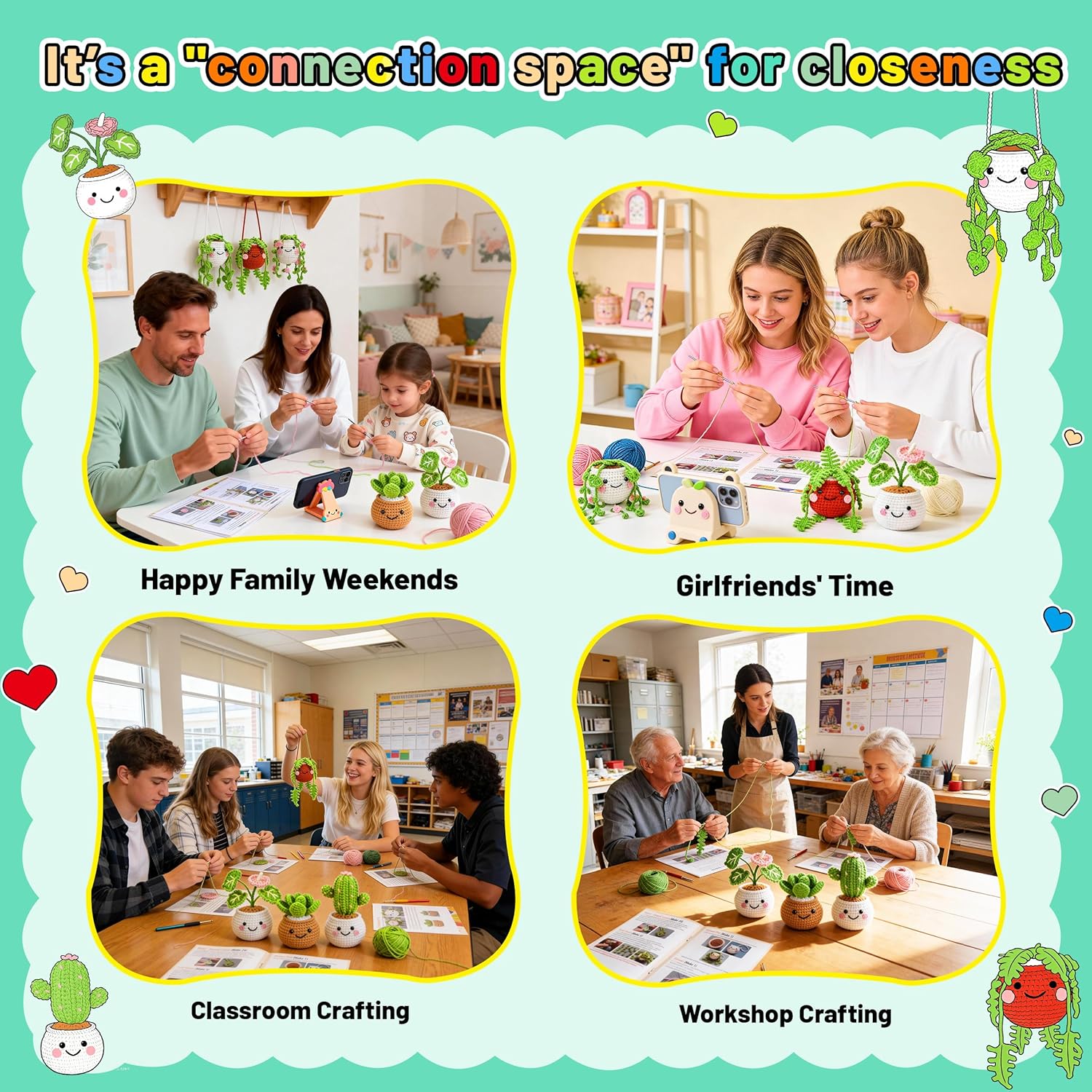 Crochet Kit for Beginners Crochet Starter Kit for Adults & Kids with Step-by-Step Video – 6 PCS Amigurumi Hanging Potted Plants