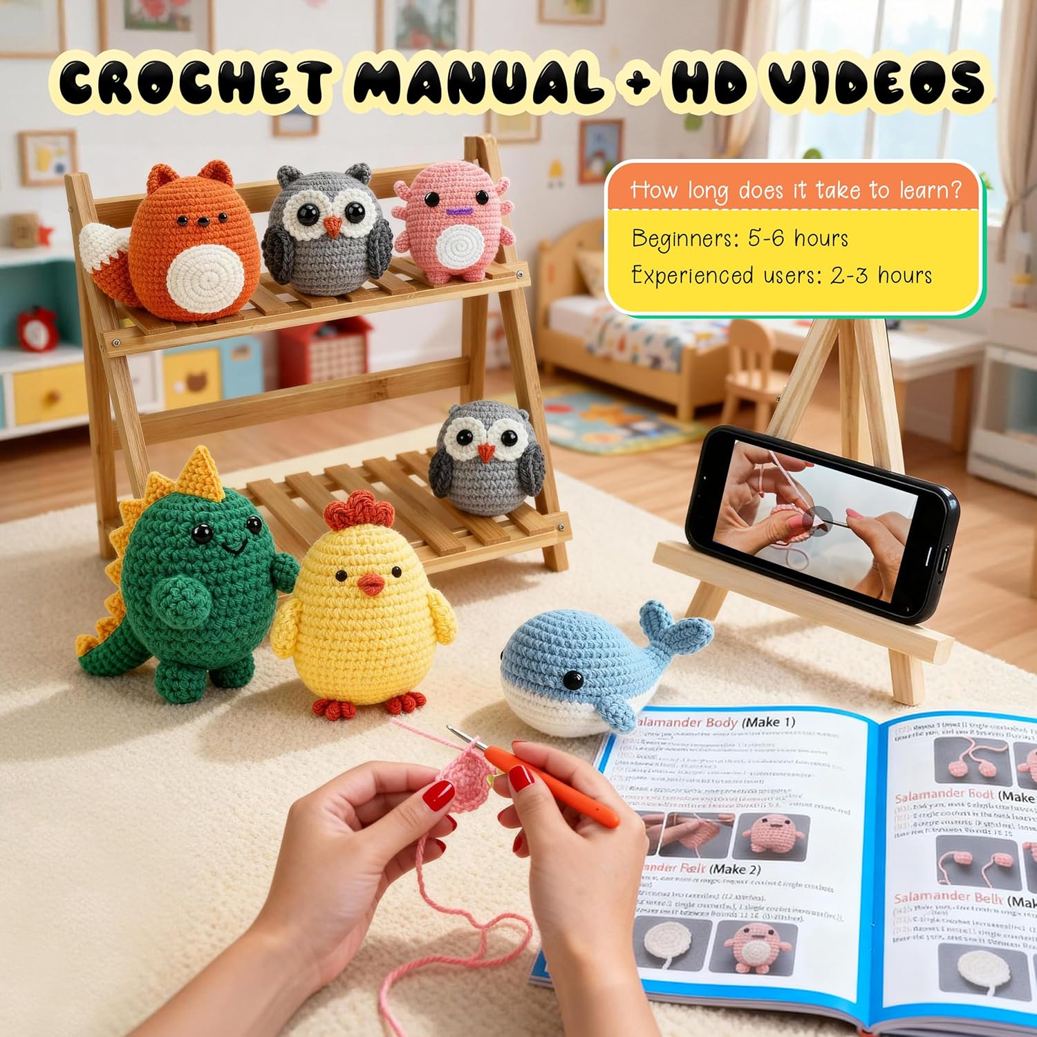 6-Piece Amigurumi Crochet Kit for Beginners – Cute Animal DIY Set with Video Guide