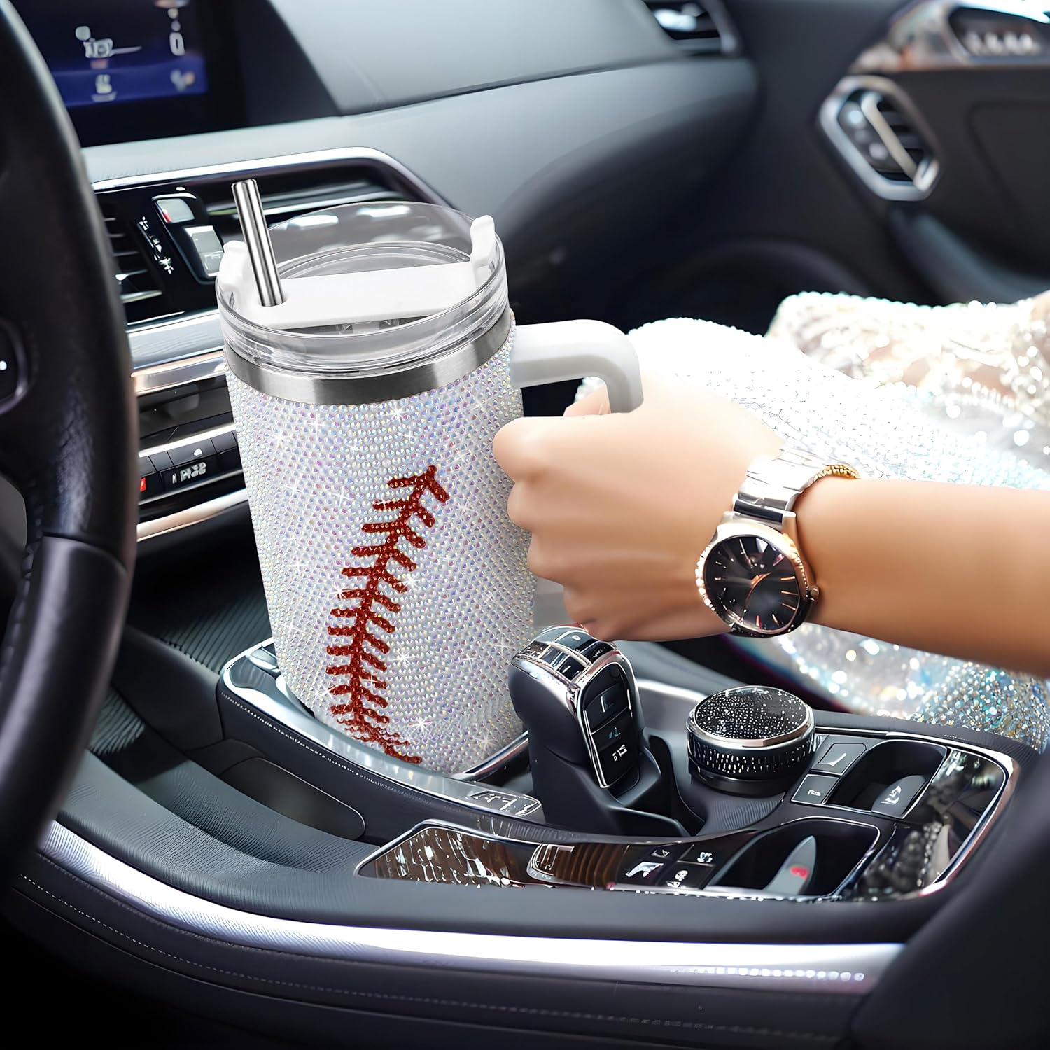 40 Oz Baseball Tumbler with Handle and Straw