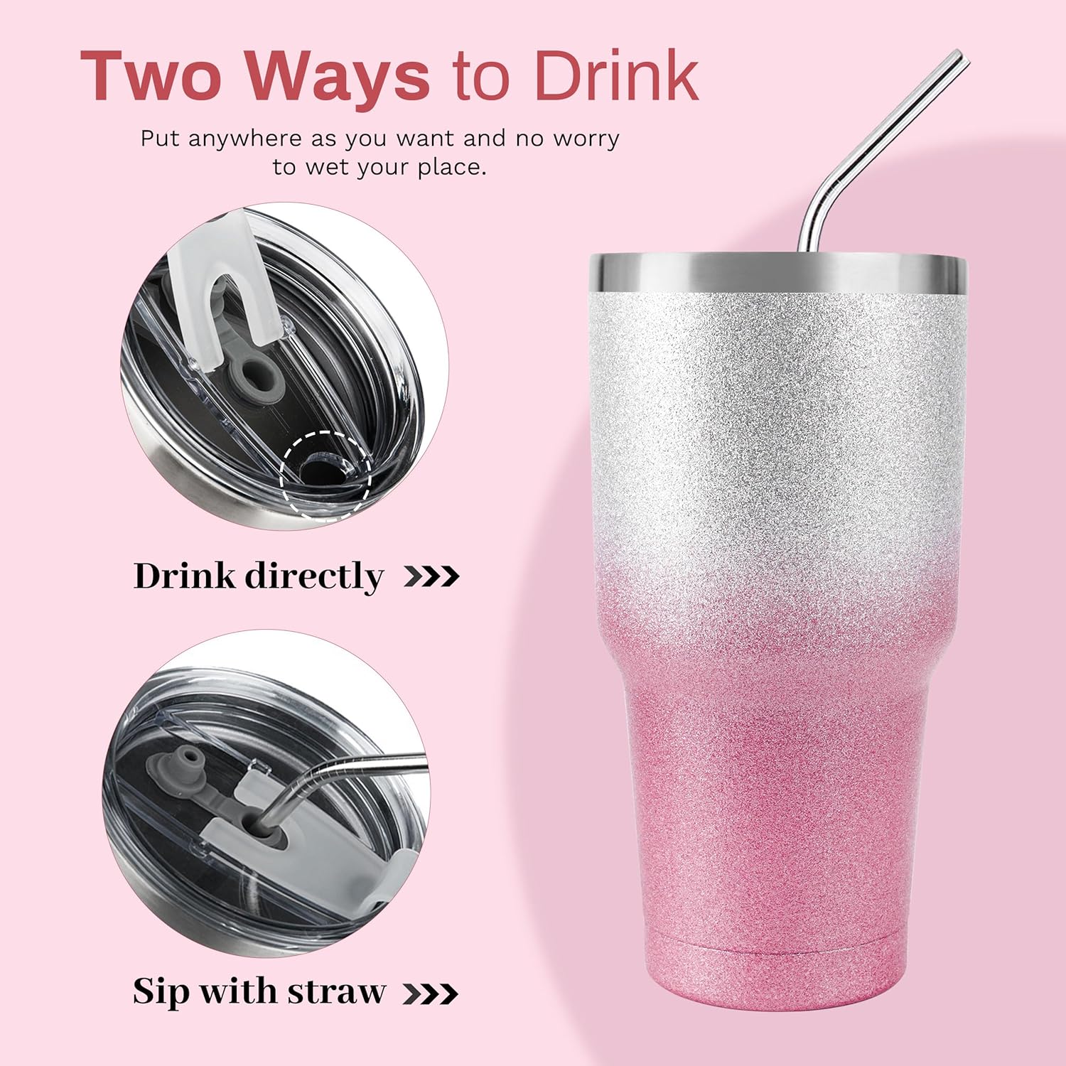 30 oz Pink Glitter Stainless Steel Tumbler