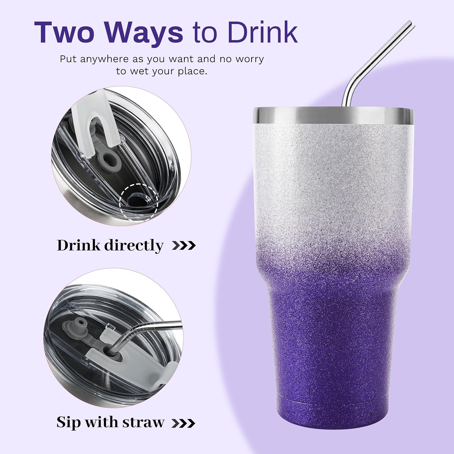 30 oz Purple Glitter Stainless Steel Tumbler