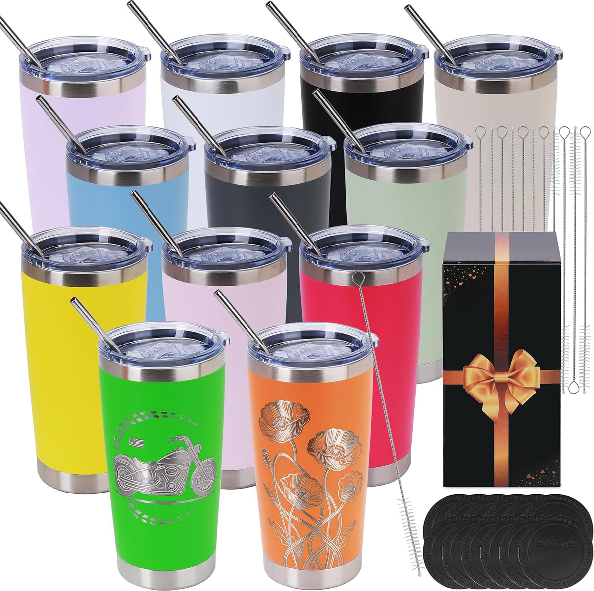 20oz Tumblers Bulk 12 Pack – Stainless Steel Engraving Blanks with Lids, Straws & Individual Gift Boxes