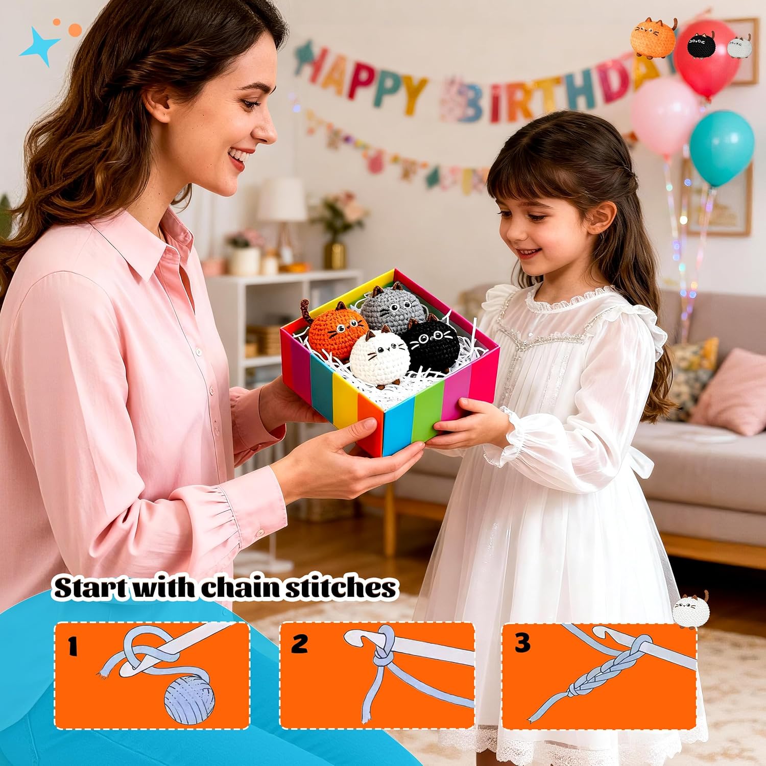 Beginner Crochet Cat Kit – 4 Kawaii Amigurumi Animals with Step-by-Step Videos