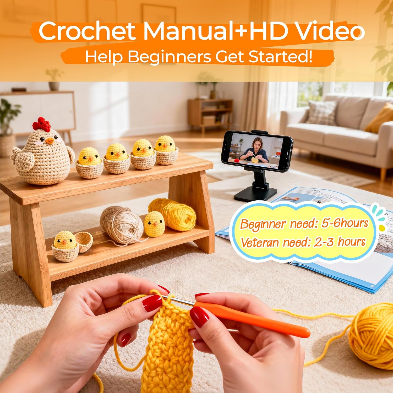 Beginner Amigurumi Animal Crochet Kit – 4-Piece Chicken, Chick & Egg Set with Video Tutorials