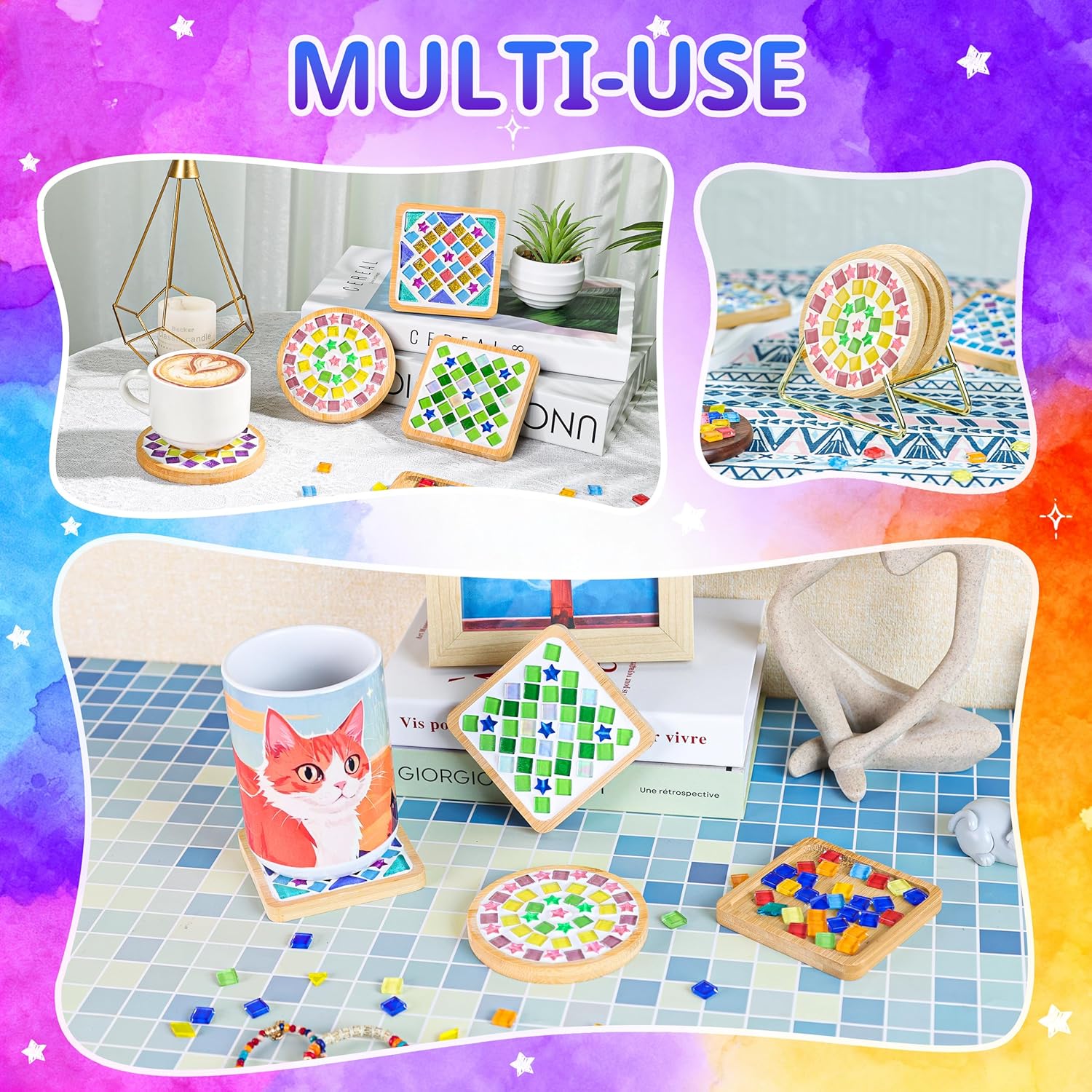 4 Sets DIY Glass Mosaic Tile Kits with Wooden Coasters