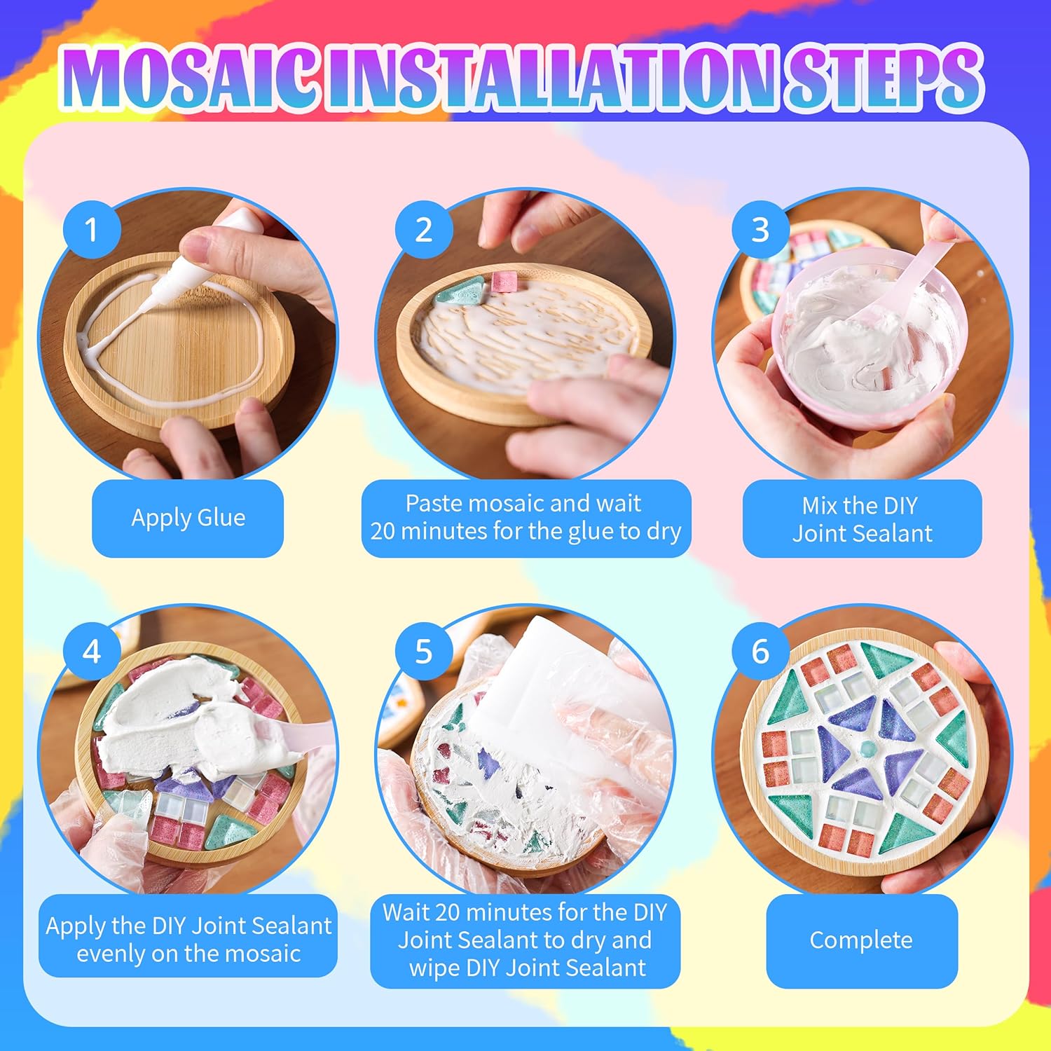 6 Sets DIY Glass Mosaic Tile Kit with Wooden Coasters