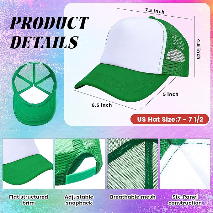 15-Pack Colorful Blank Trucker Hats for Sublimation – Adjustable Mesh Snapback Caps