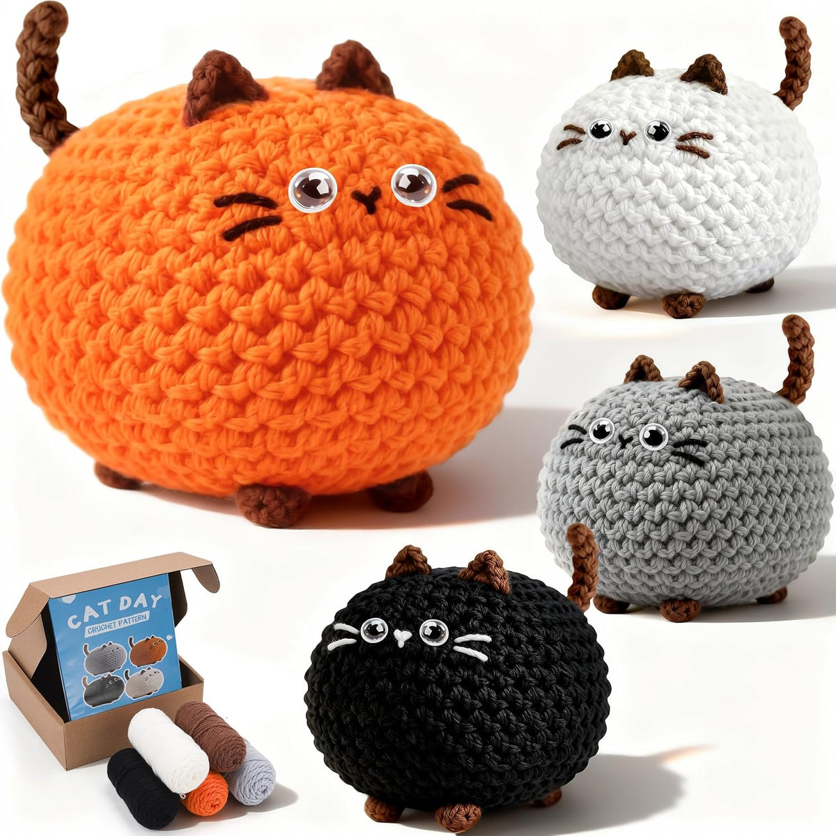 Beginner Crochet Cat Kit – 4 Kawaii Amigurumi Animals with Step-by-Step Videos