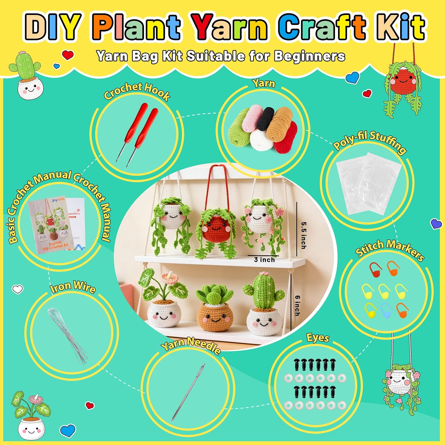 Crochet Kit for Beginners Crochet Starter Kit for Adults & Kids with Step-by-Step Video – 6 PCS Amigurumi Hanging Potted Plants