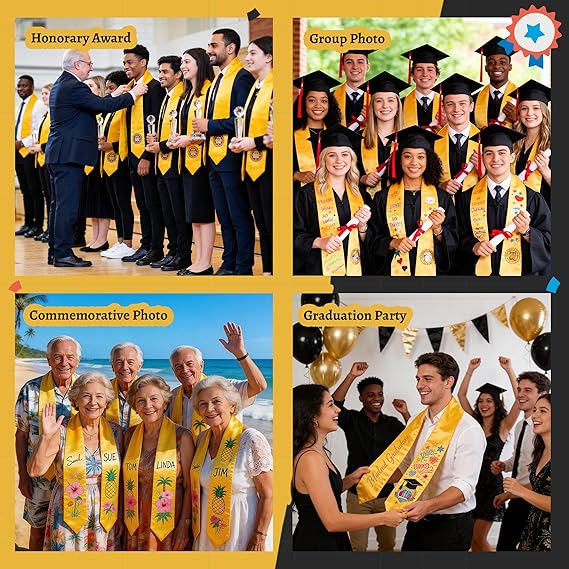 15 PCS Yellow 70 Inch Sublimation Graduation Stoles Bulk Unisex Satin Sashes for DIY Custom School Honor