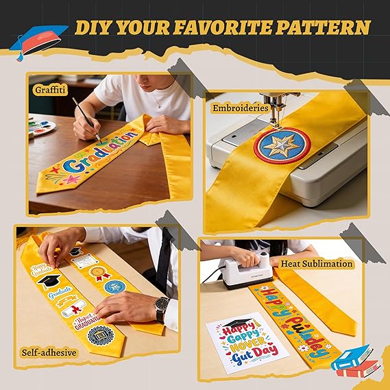 15 PCS Yellow 70 Inch Sublimation Graduation Stoles Bulk Unisex Satin Sashes for DIY Custom School Honor