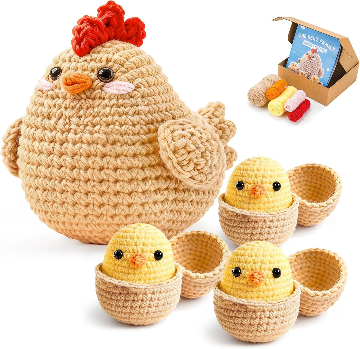 Beginner Amigurumi Animal Crochet Kit – 4-Piece Chicken, Chick & Egg Set with Video Tutorials