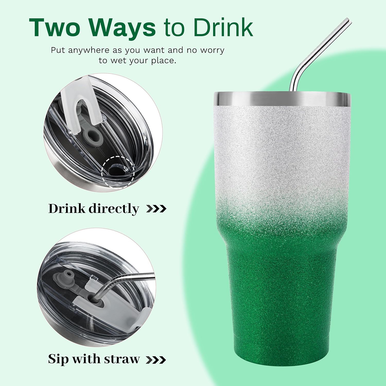 30 oz Green Glitter Stainless Steel Tumbler