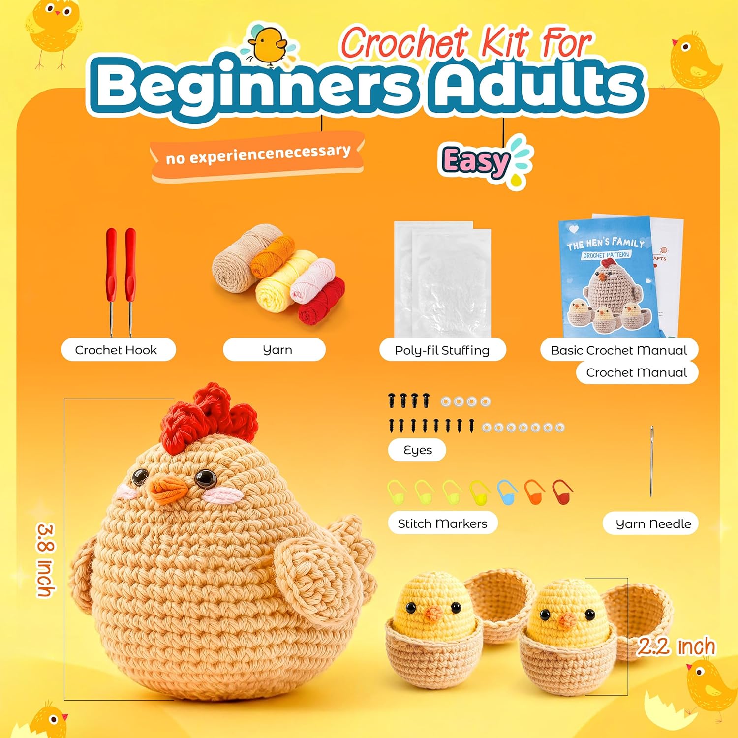 Beginner Amigurumi Animal Crochet Kit – 4-Piece Chicken, Chick & Egg Set with Video Tutorials