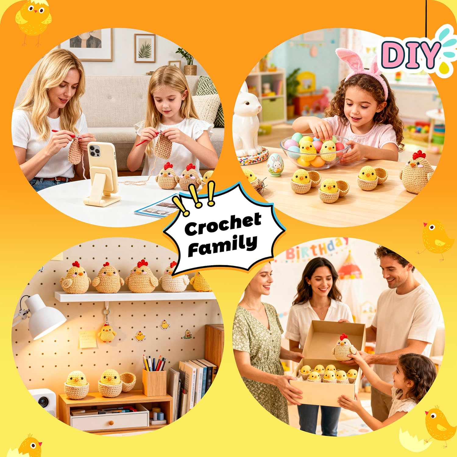 Beginner Amigurumi Animal Crochet Kit – 4-Piece Chicken, Chick & Egg Set with Video Tutorials