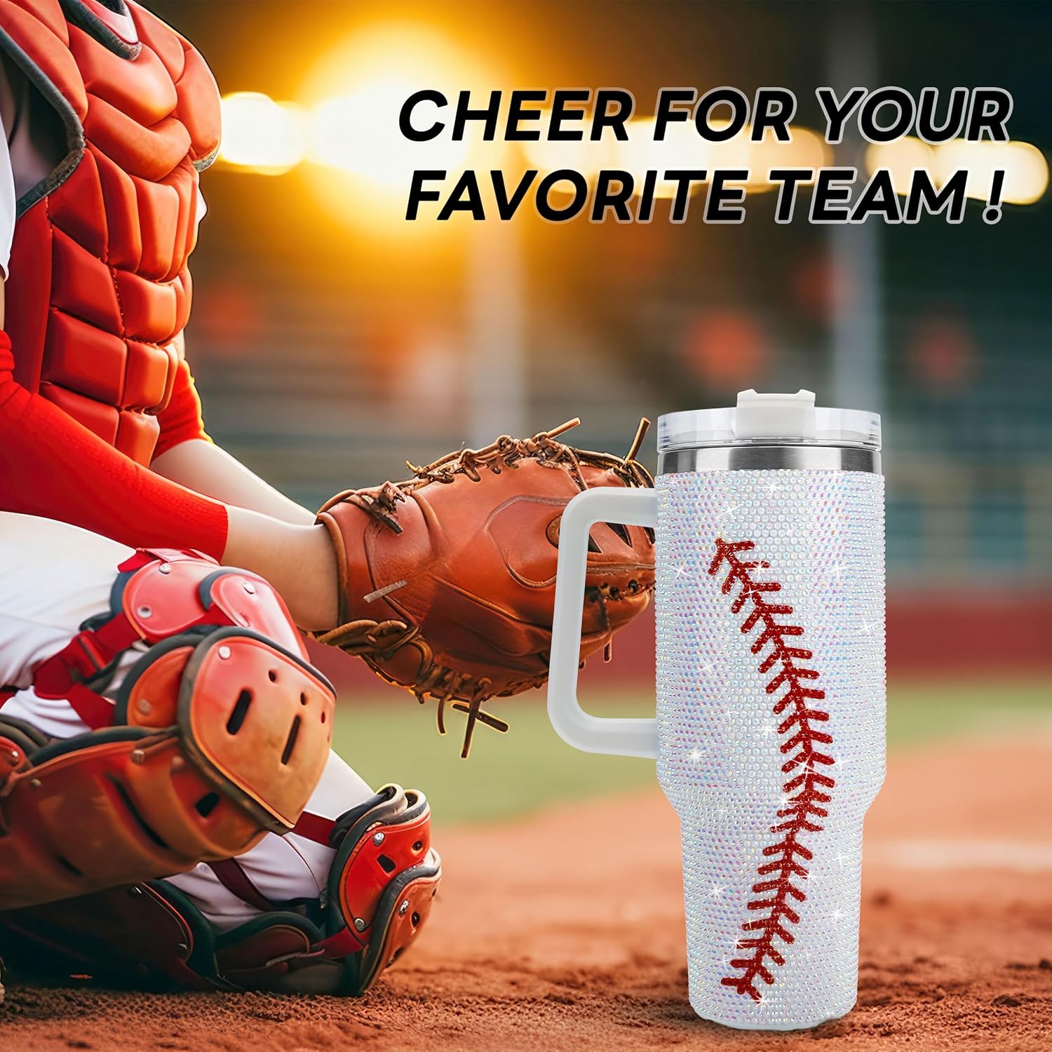 40 Oz Baseball Tumbler with Handle and Straw