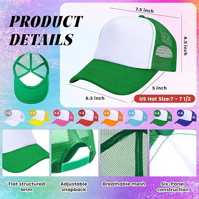 40-Pack Colorful Blank Trucker Hats for Sublimation – Adjustable Mesh Snapback Caps
