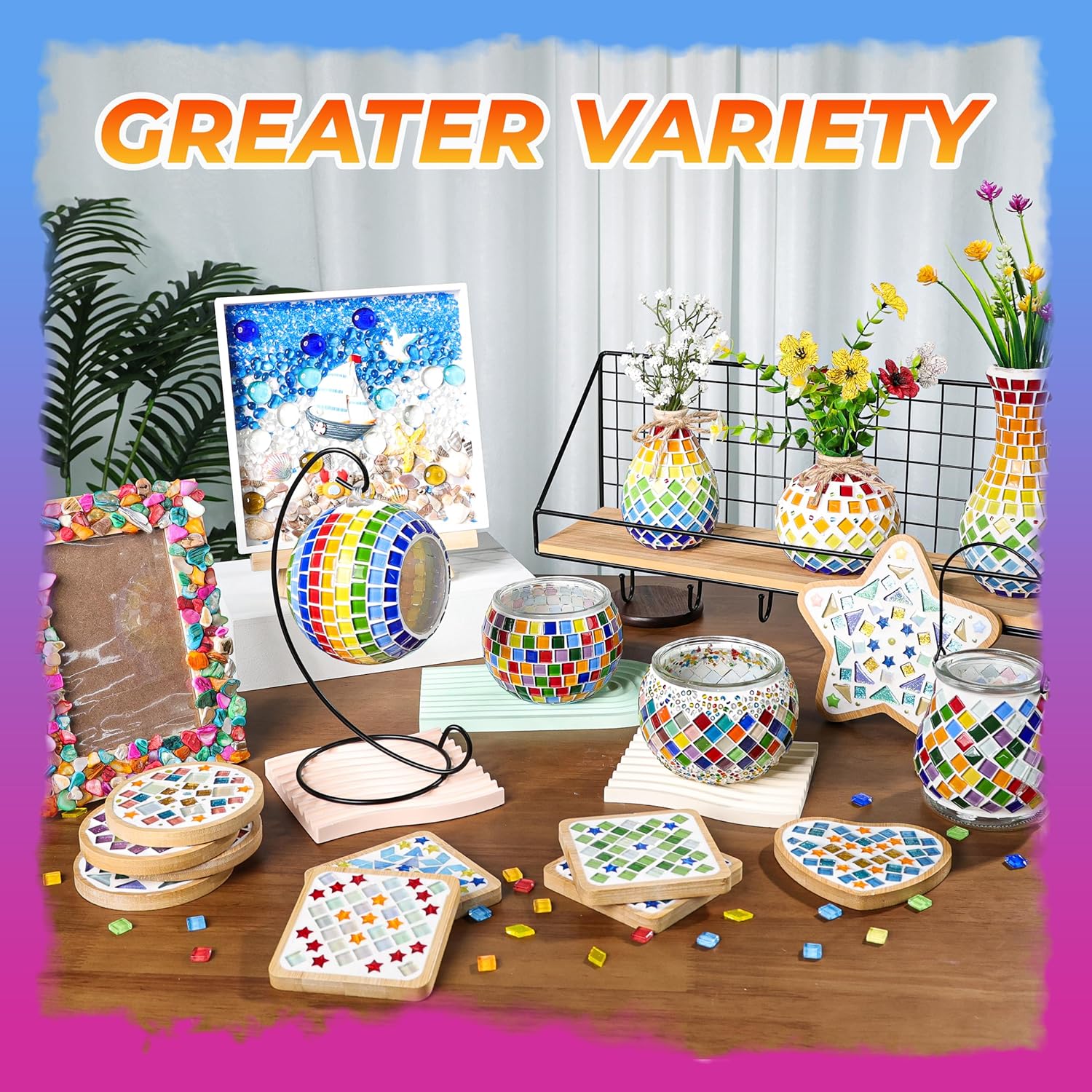 6 Sets DIY Glass Mosaic Tile Kit with Wooden Coasters