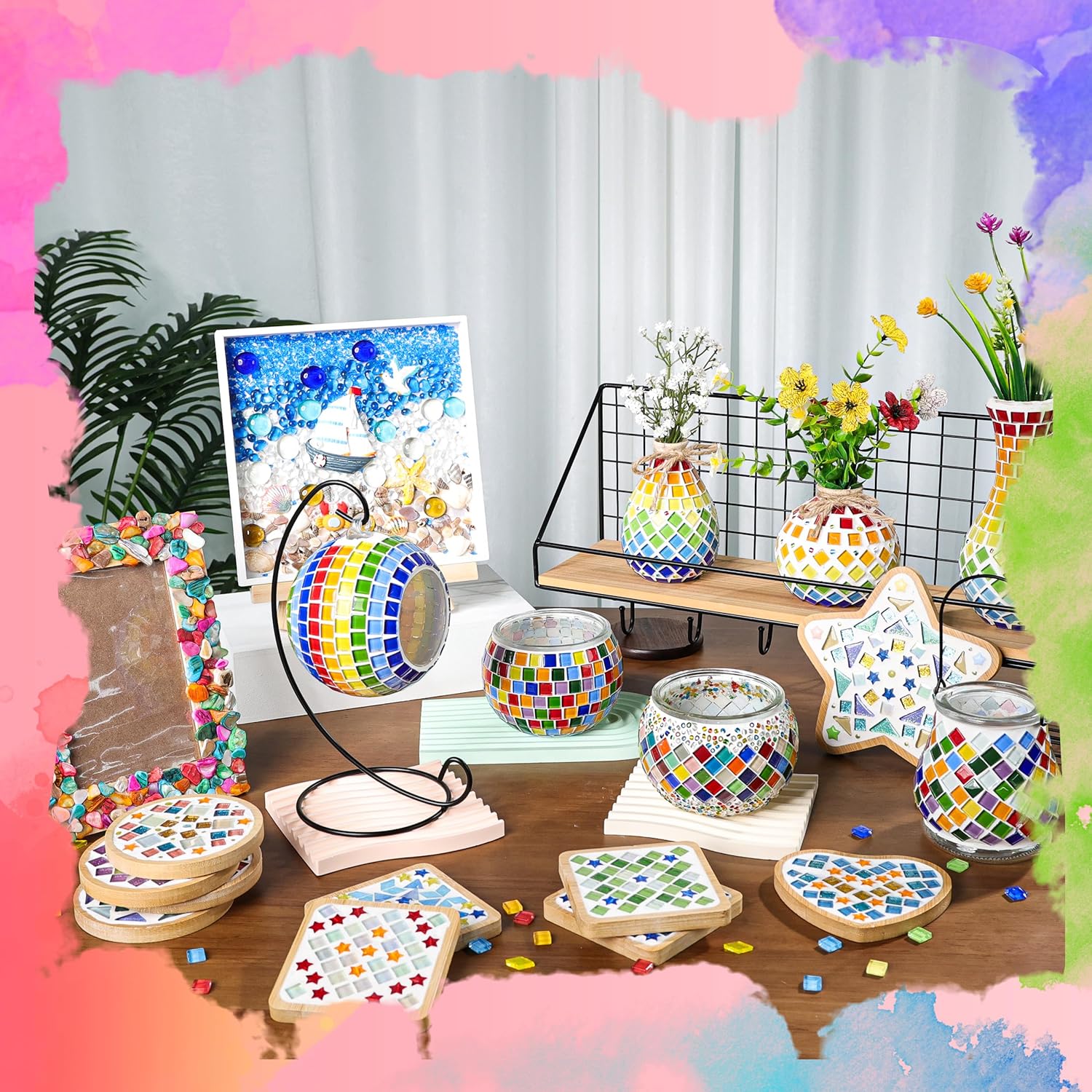 4 Sets DIY Glass Mosaic Tile Kit with Wooden Coasters