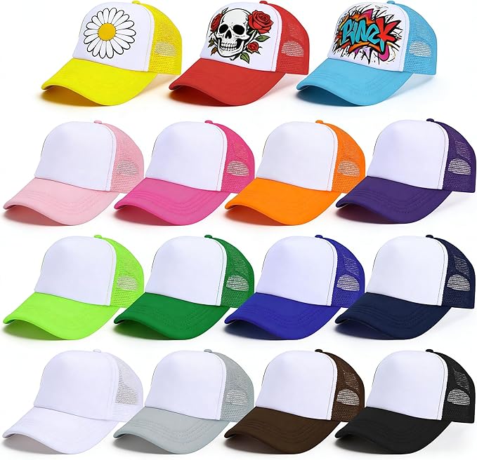 15-Pack Colorful Blank Trucker Hats for Sublimation – Adjustable Mesh Snapback Caps
