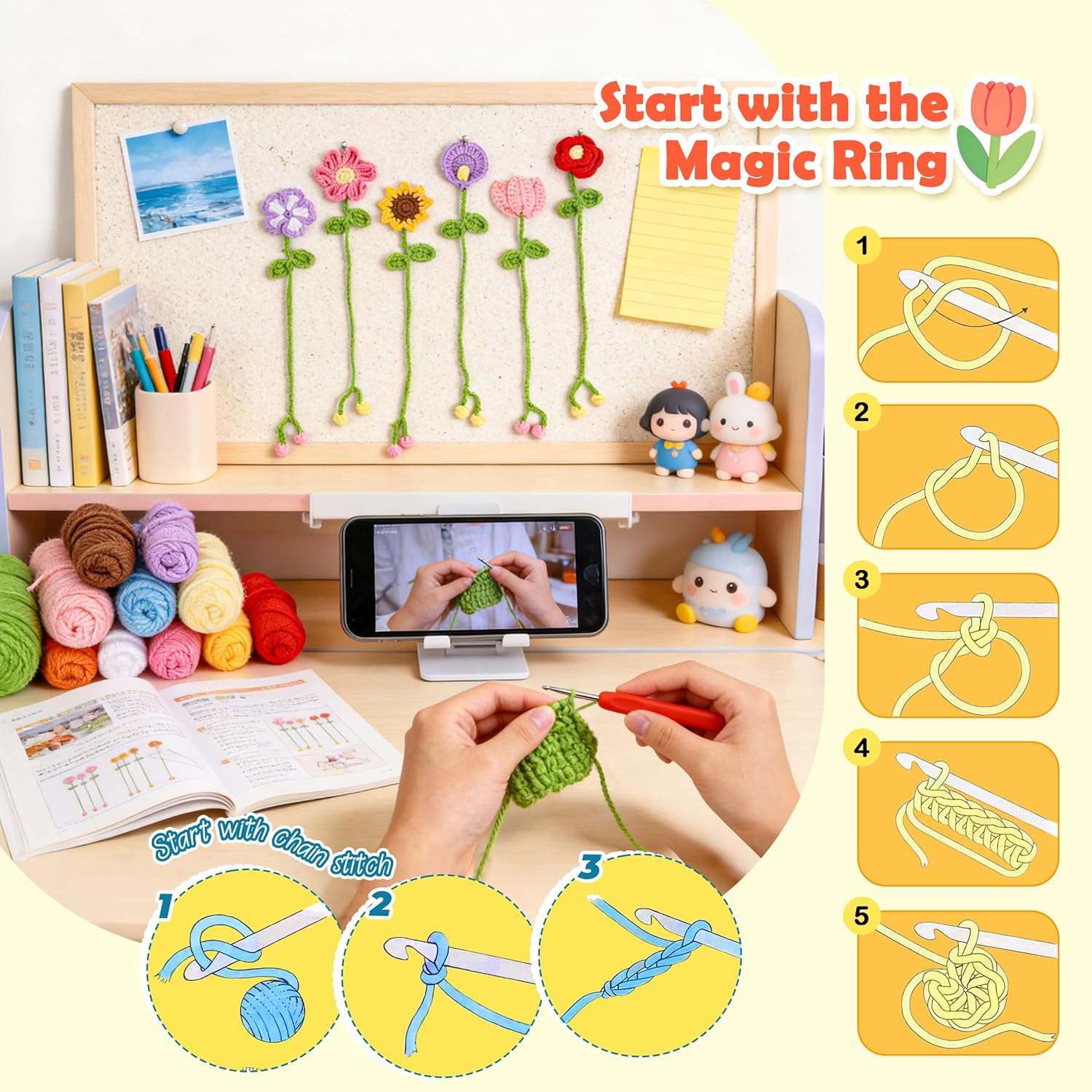 Crochet Kit for Beginners – 10 PCS Flower Bookmark Crochet Starter Kit with Step-by-Step Video Tutorials for Adults