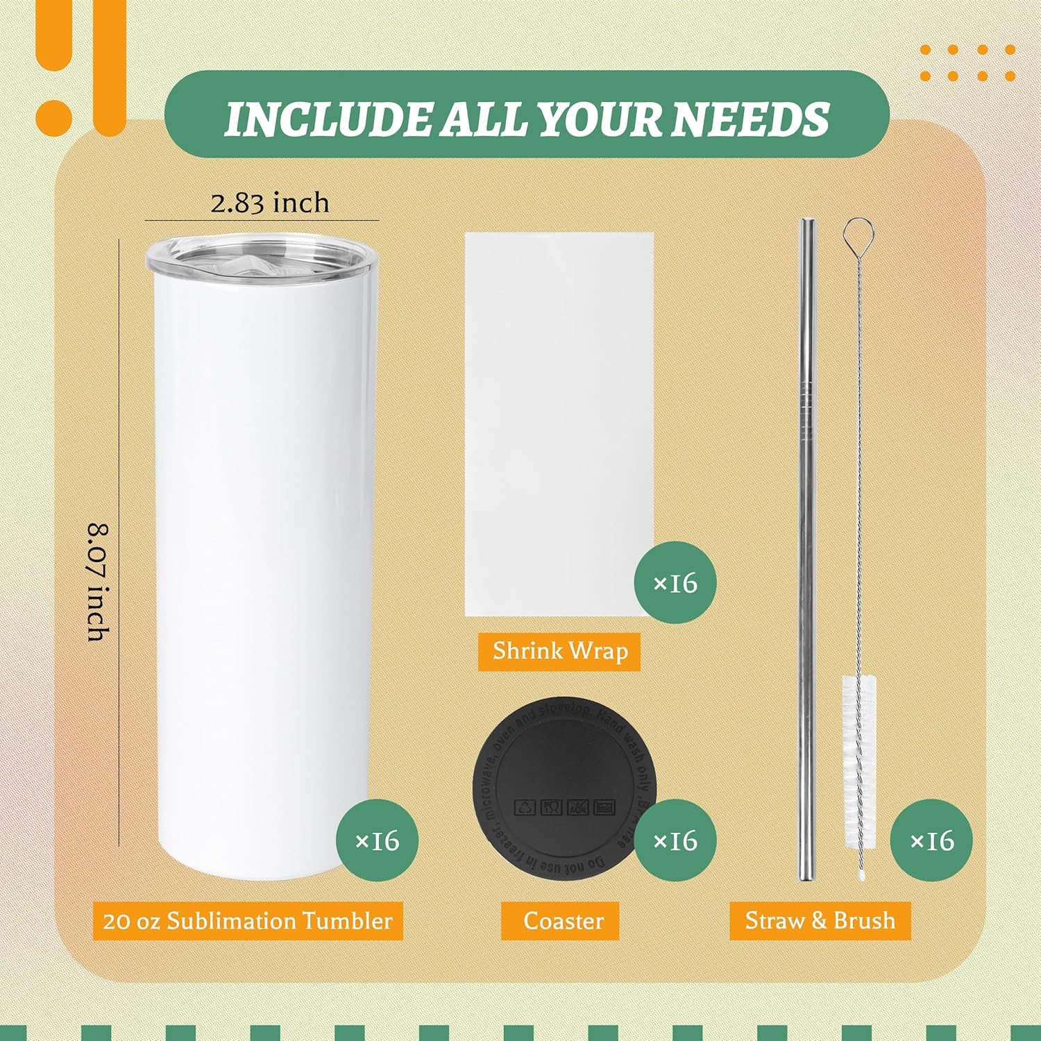 16-Pack 20 oz Skinny Straight Sublimation Tumblers Blanks – Flat Edge with Lids & Straws No Gift Boxes